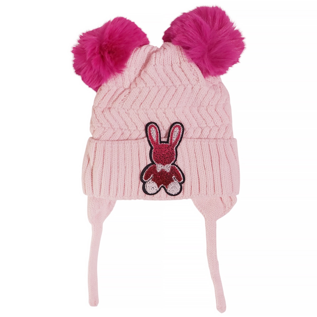 Ροζ πλεκτός σκούφος Kitti με χαριτωμένο απλικέ σχέδιο και δύο παιχνιδιάρικες φουντίτσες.