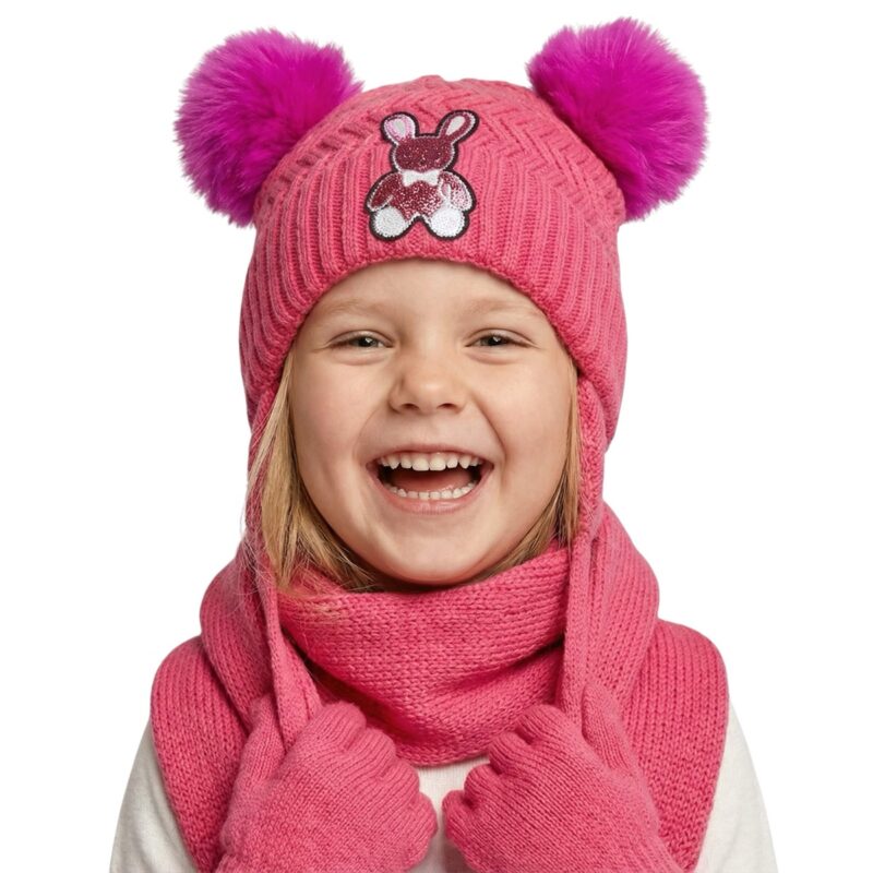 Kitti πλεκτό σετ σκούφος-κασκόλ-γάντια «Fuchsia Little Rabbit»