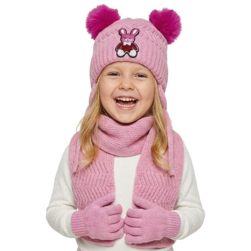 Kitti πλεκτό σετ σκούφος-κασκόλ-γάντια «Purple Little Rabbit»