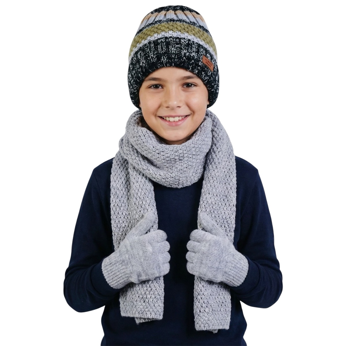 Kitti πλεκτό σετ σκούφος-κασκόλ-γάντια «Always Brave in Green»