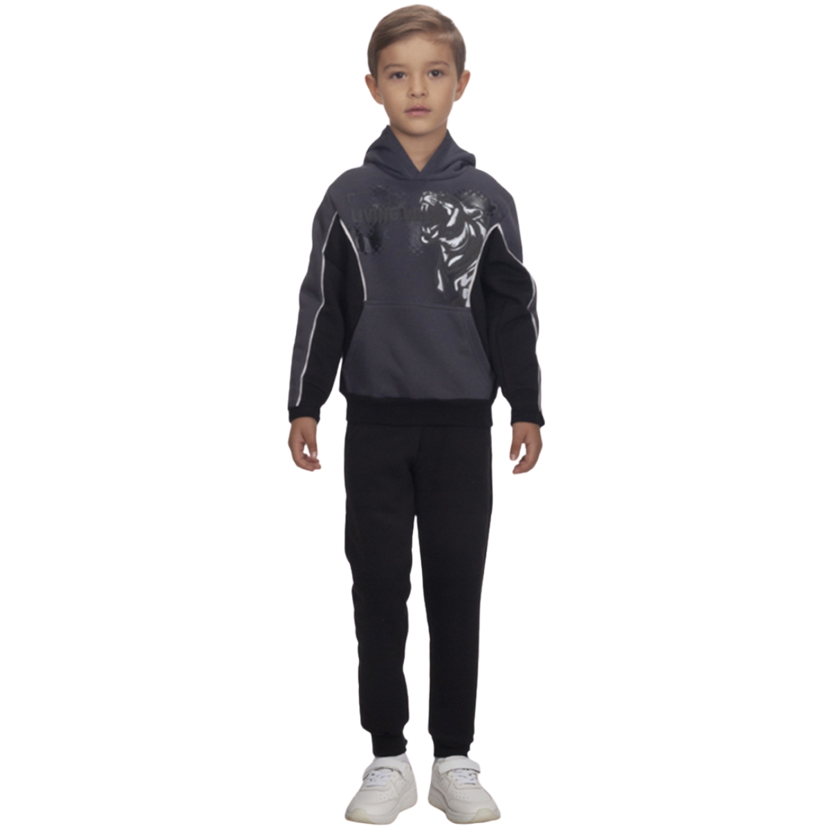 Σετ φόρμας Joyce με κουκούλα και χνούδι για αγόρια σε γκρι και μαύρο χρώμα