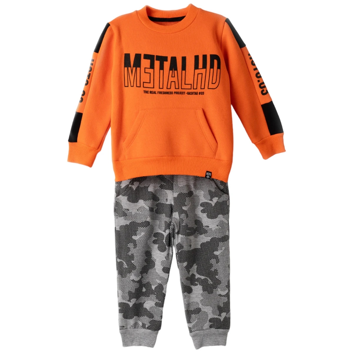 Παιδικό σετ φόρμας Hashtag πορτοκαλί για αγόρι, με μπλούζα και γκρι παντελόνι.