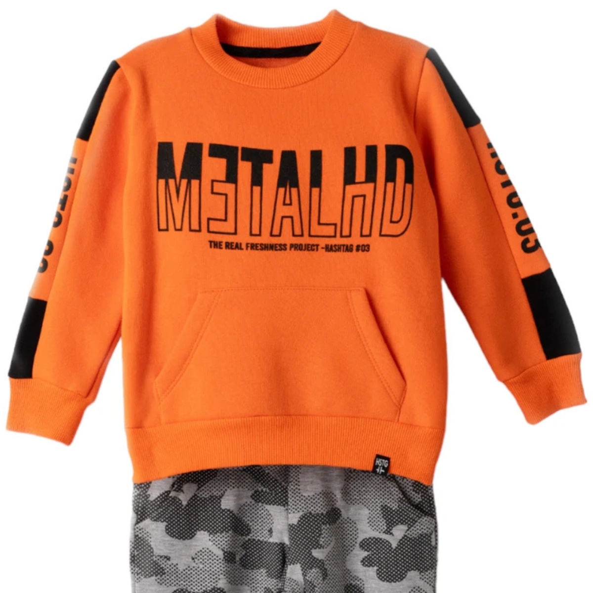 Χειμωνιάτικο σετ φόρμας Hashtag για αγόρι, με πορτοκαλί μπλούζα με τύπωμα και τσέπη.