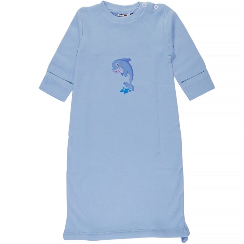 Γαλάζιος βρεφικός σάκος Little One για αγόρι με διακριτικό τύπωμα και μανίκια που γίνονται γαντάκια.