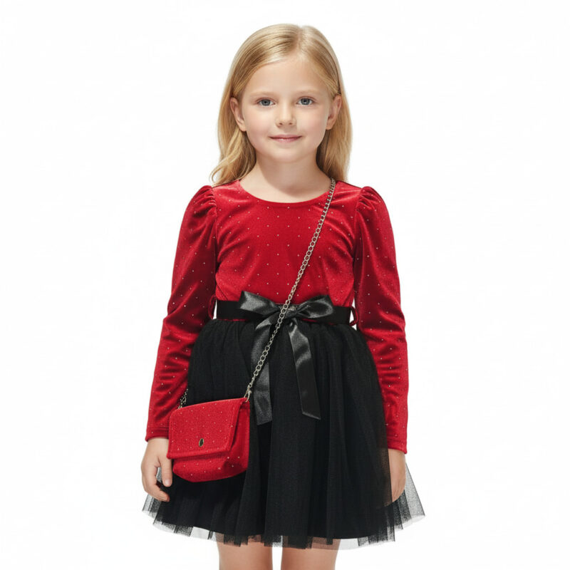 ΑΖ βελουτέ φορεματάκι με τσαντάκι σε κόκκινο και μαύρο χρώμα για επίσημες χειμερινές εμφανίσεις και γιορτές.