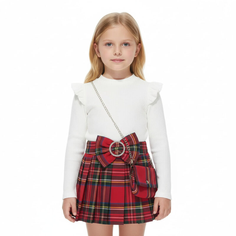 ΑΖ καρό φορεματάκι με τσαντάκι σε κόκκινο και λευκό χρώμα για επίσημες χειμερινές εμφανίσεις.