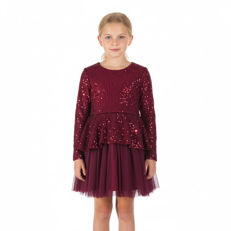 Μπορντό φόρεμα ΑΖ με παγιέτες στον κορμό και αέρινη φούστα για επίσημες εμφανίσεις.