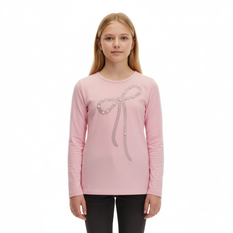 Sweet Junior λεπτή βαμβακερή μπλούζα σε ροζ χρώμα με πέρλες και λαμπερές λεπτομέρειες.