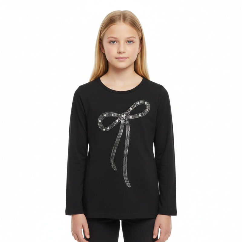 Μαύρη μπλούζα Sweet Junior με φιόγκο, πέρλες και στρας στην μπροστινή όψη για κορίτσια.