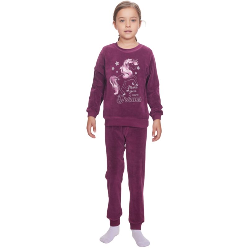 Dreams παιδική πιτζάμα για κορίτσι, ζεστή και βελουτέ, σε σκούρο μοβ