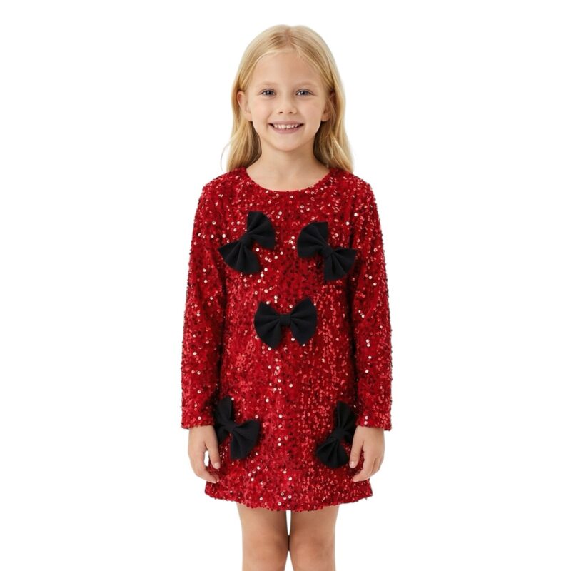 ΑΖ κόκκινο βελουτέ φόρεμα κορίτσι Red Spangle με παγιέτες all over και ίσια γραμμή