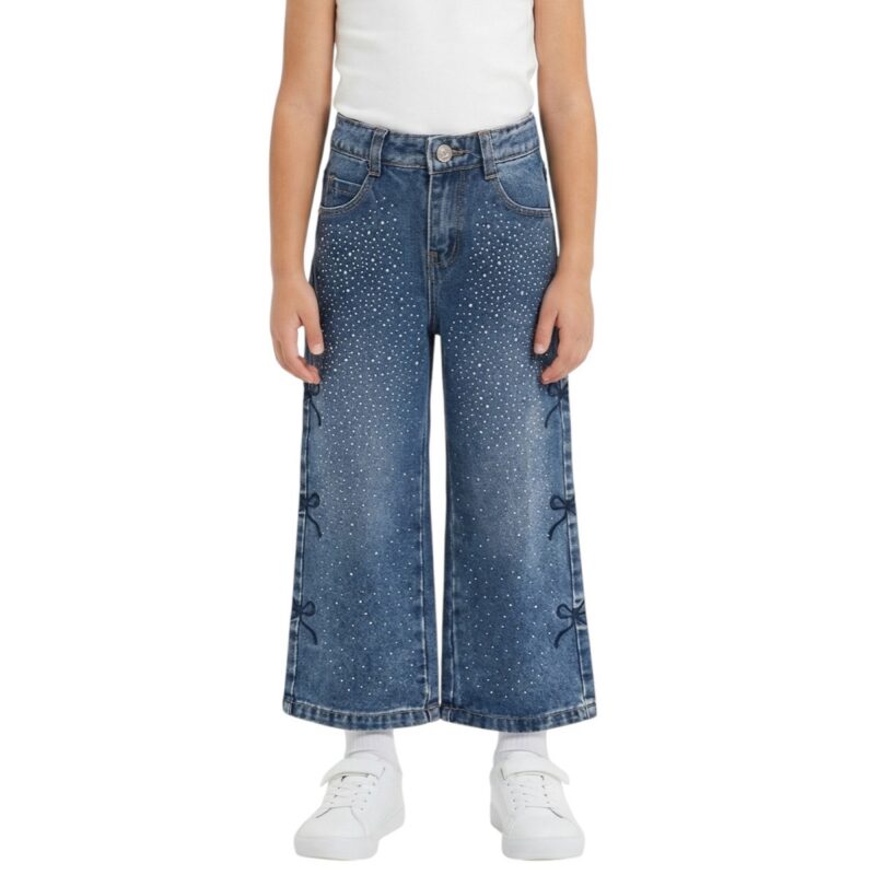 Miss Brum wide leg τζιν κορίτσι Comftable μπλε με στρας στο μπροστινό μέρος