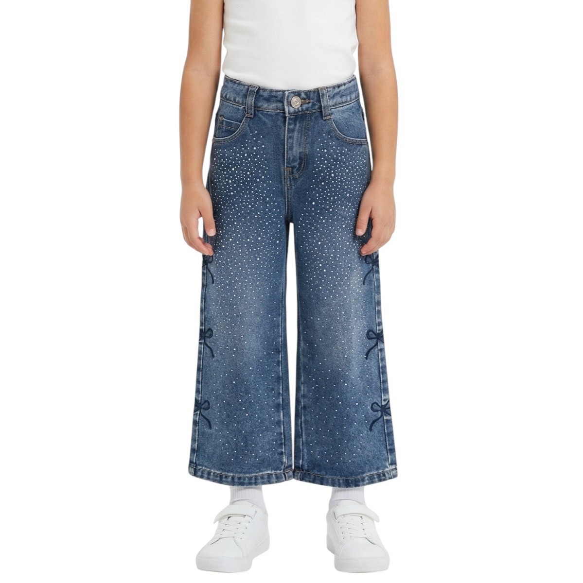 Miss Brum wide leg τζιν κορίτσι Comftable μπλε με στρας στο μπροστινό μέρος