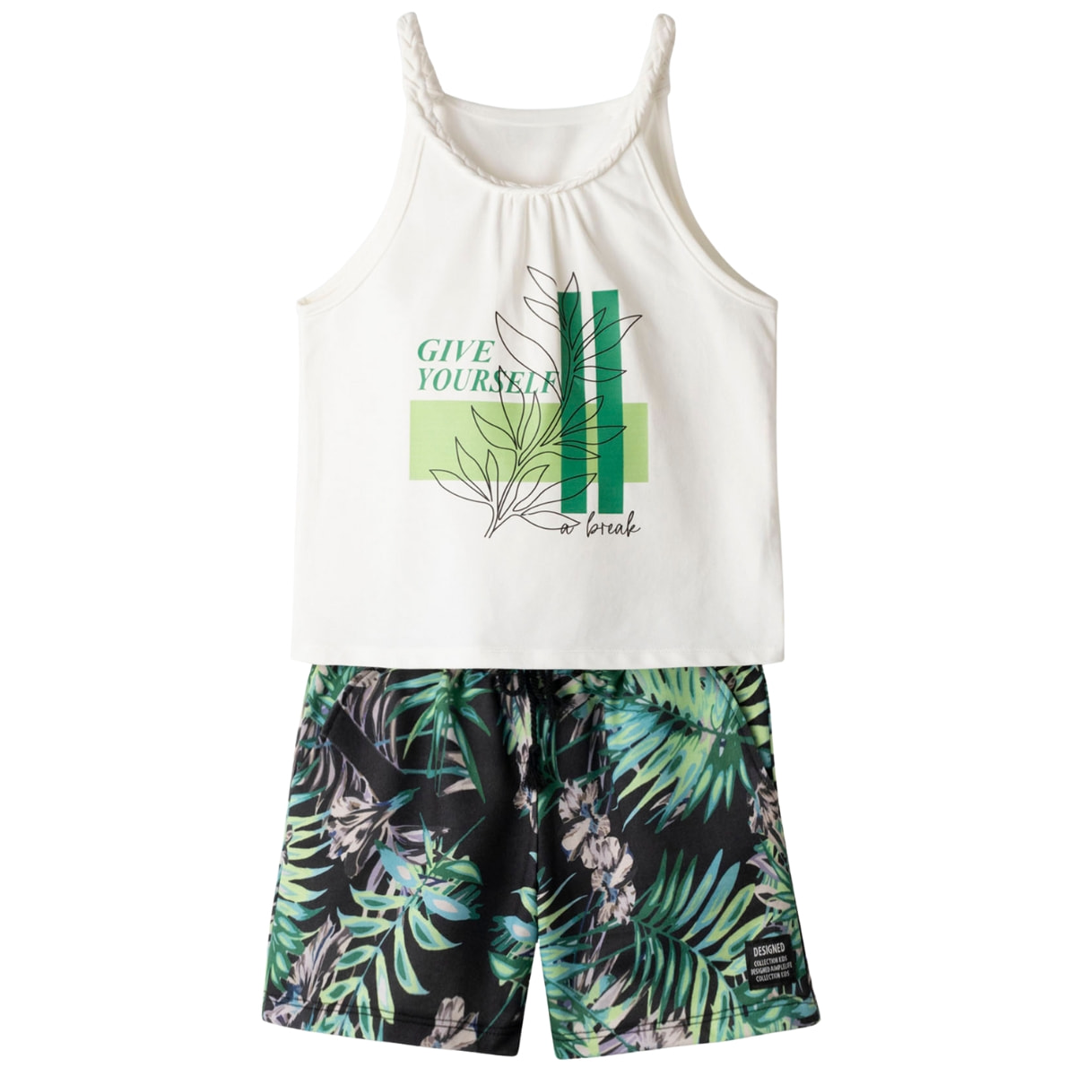 Καλοκαιρινό σετ Εβίτα με λευκό τοπάκι και τυπωμένο σχέδιο Give Yourself A Break