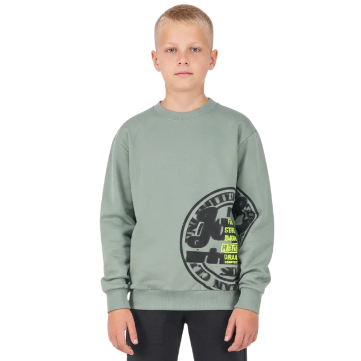 Joyce πράσινη μπλούζα για αγόρι με παιχνιδιάρικο τύπωμα μπροστά, ανοιξιάτικο σύνολο