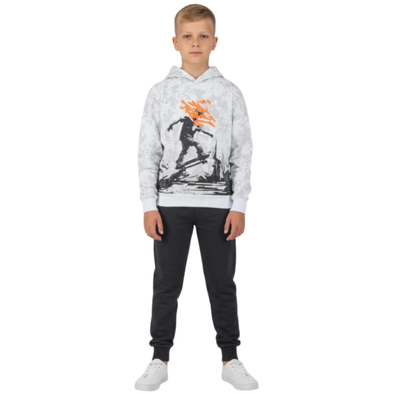 Πολύχρωμη φόρμα Joyce κουκούλα για αγόρι με all over τύπωμα και μαύρο παντελόνι