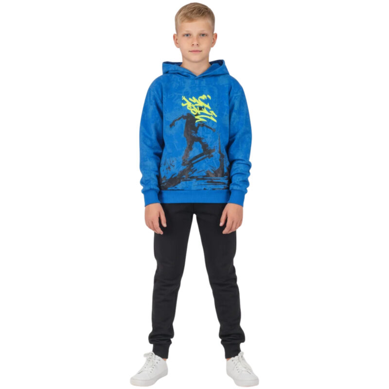 Μπλε φόρμα Joyce κουκούλα για αγόρι με all over τύπωμα και μαύρο παντελόνι