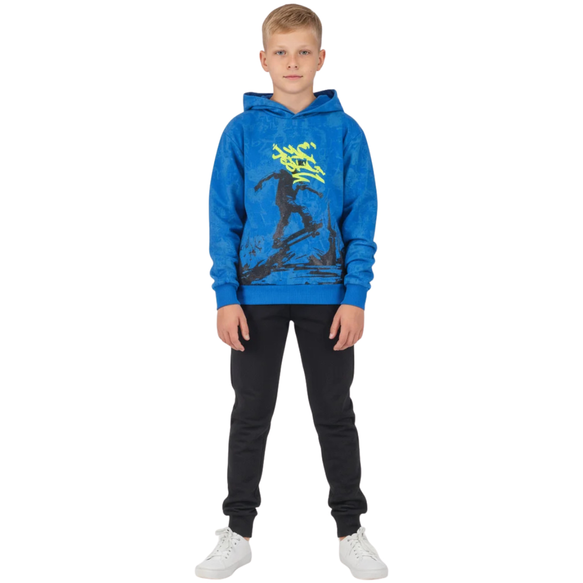 Μπλε φόρμα Joyce κουκούλα για αγόρι με all over τύπωμα και μαύρο παντελόνι