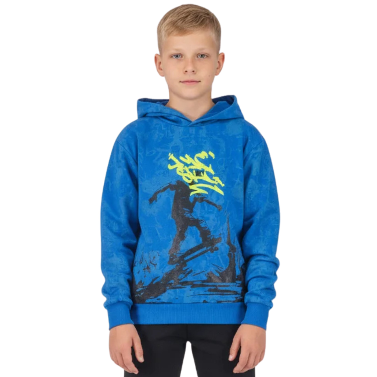 Joyce μπλε μπλούζα με κουκούλα για αγόρι με all over τύπωμα και στάμπα μπροστά