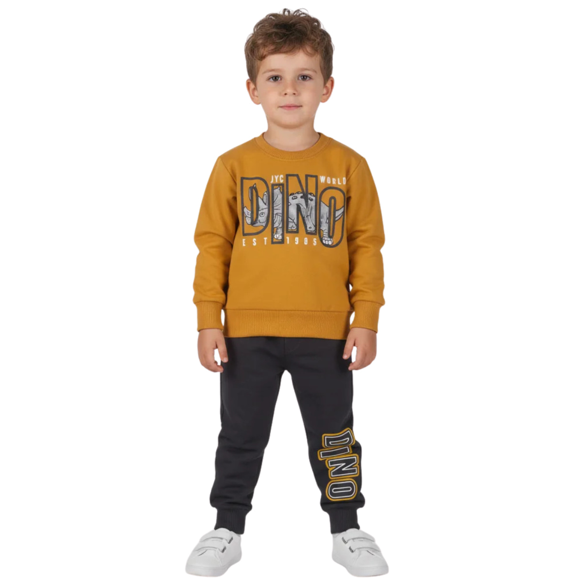 Φόρμα Joyce για αγόρια άνοιξη Rino World – μουσταρδί μπλούζα με τύπωμα ρινόκερο και μπλε παντελόνι