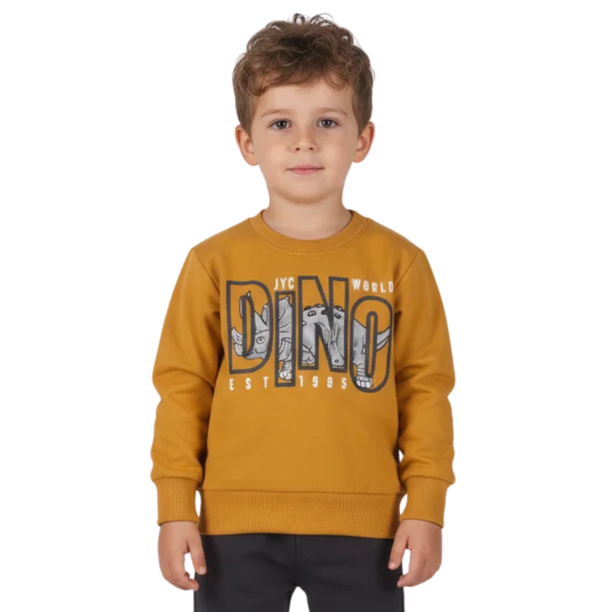Joyce παιδική φόρμα Rino World για αγόρι με μουσταρδί χρώμα και χαριτωμένο τύπωμα ρινόκερο μπροστά