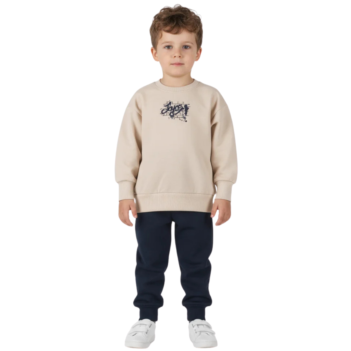 Joyce φόρμα Graffiti Crocodile για αγόρι με μπεζ μπλούζα και μπλε παντελόνι