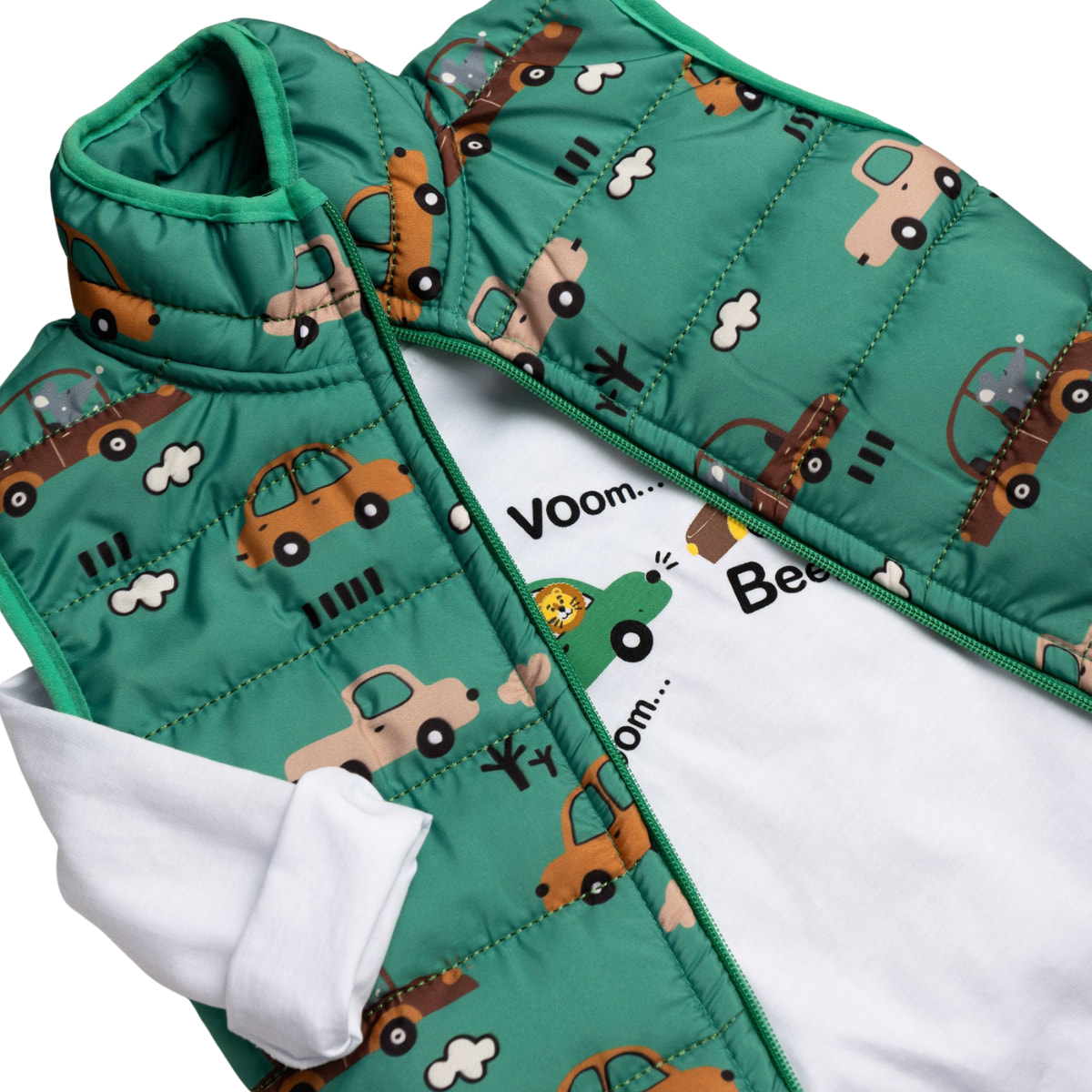 Αμάνικο μπουφάν Funky «Voom Voom» με σχέδια αυτοκινητάκια και κλείσιμο με φερμουάρ