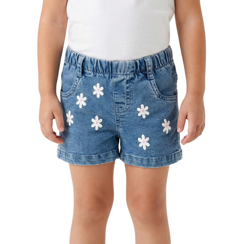 Τζιν σορτσάκι Funky για κορίτσι σε μπλε απόχρωση με λουλουδάκια εμπρός και λάστιχο στη μέση