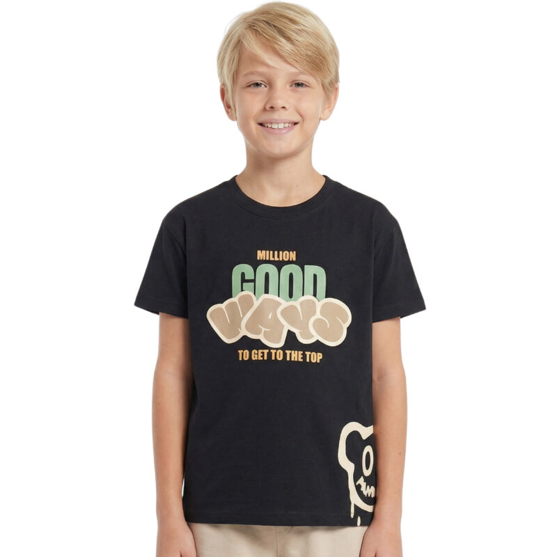 Μαύρη βαμβακερή μπλούζα Funky για αγόρια με κοντά μανίκια και μοντέρνο τύπωμα.