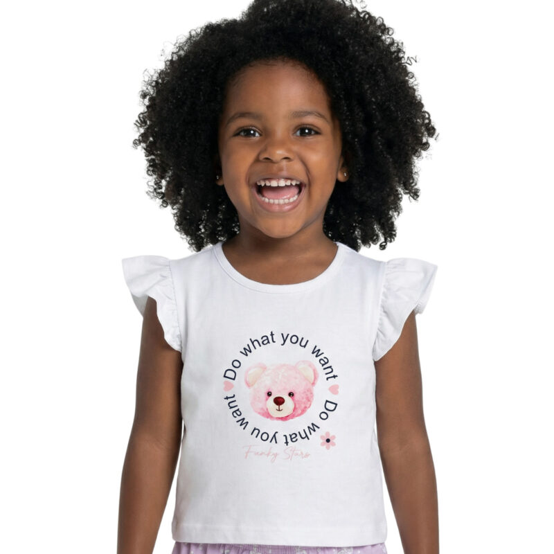 Λευκή βαμβακερή μπλούζα Funky για κορίτσια με κοντά μανίκια και τύπωμα αρκουδάκι.