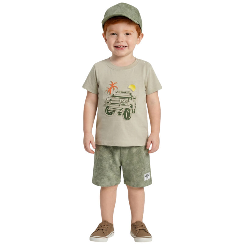Βρεφικό σετ Hashtag αγόρια γκρι πράσινο «Safari Time» με μπλούζα, σορτσάκι και καπελάκι