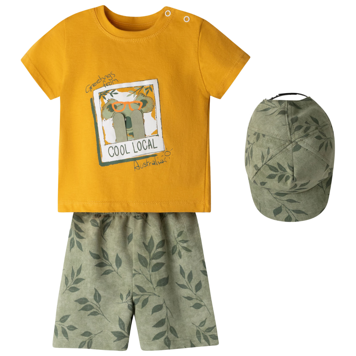 Σετ Hashtag «Greetings» για αγόρια με μουσταρδί μπλούζα και πράσινο σορτσάκι με καπελάκι