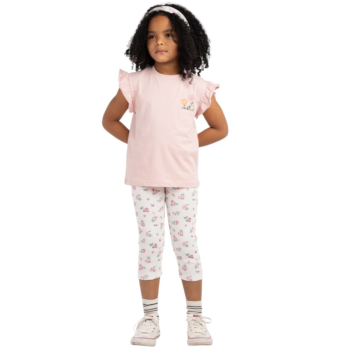 Σετ μπλούζα κολάν κάπρι Εβίτα για κορίτσι Flowers in The Pocket με κέντημα και φλοράλ σχέδιο