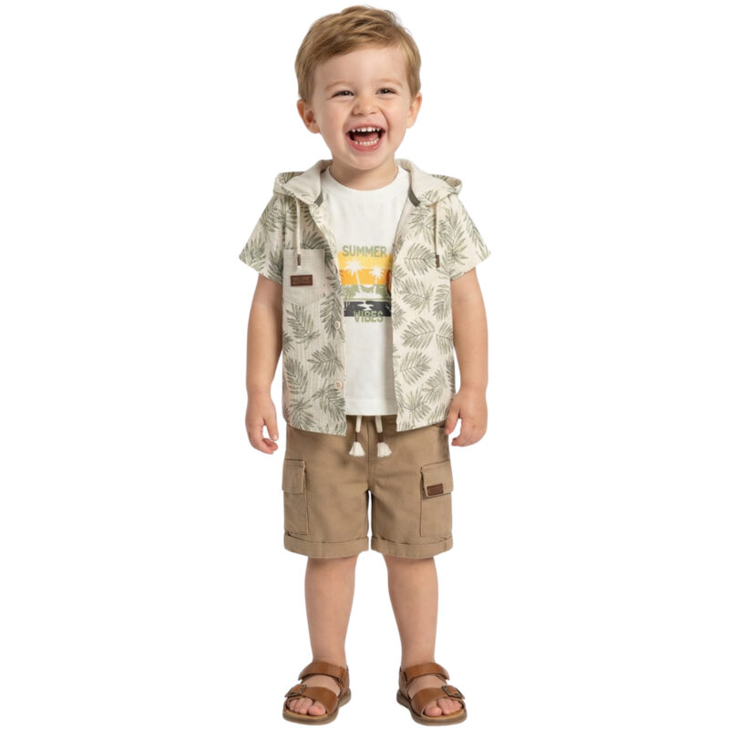 Βρεφικό σετ τριών τεμαχίων Hashtag για αγόρι Summer Vibes με μπλούζα, πουκάμισο κουκούλα και σορτσάκι