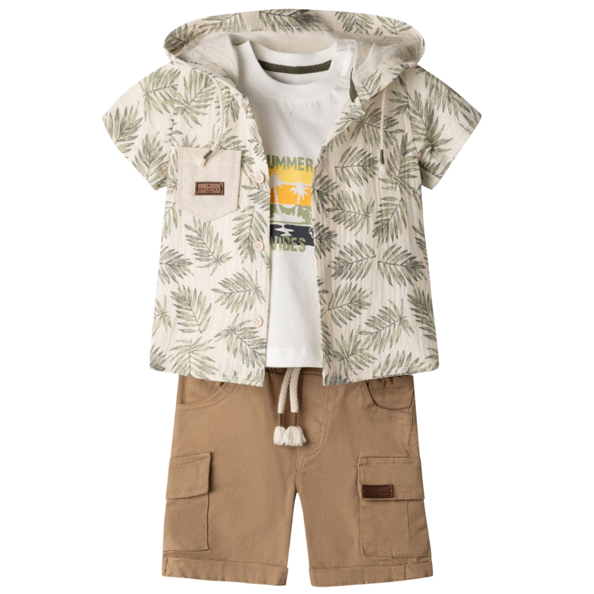 Hashtag βρεφικό καλοκαιρινό σετ για αγόρι σε εκρού, μπεζ και λαδί χρώμα – Summer Vibes