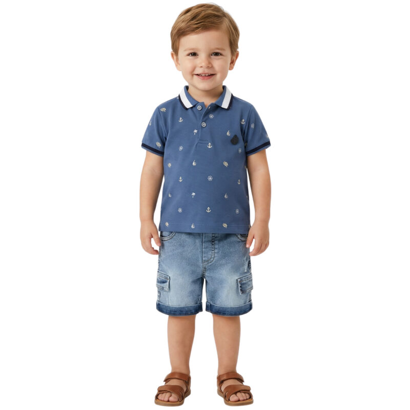 Βρεφικό σετ μπλούζα πόλο με τζιν σορτσάκι Hashtag Sailing σε μπλε αποχρώσεις για αγόρι