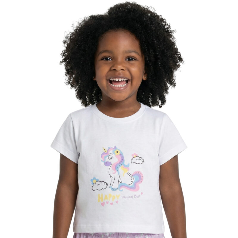 Κοντομάνικη μπλούζα Εβίτα εκρού μονόκερος για κορίτσια Magical με στρασάκια