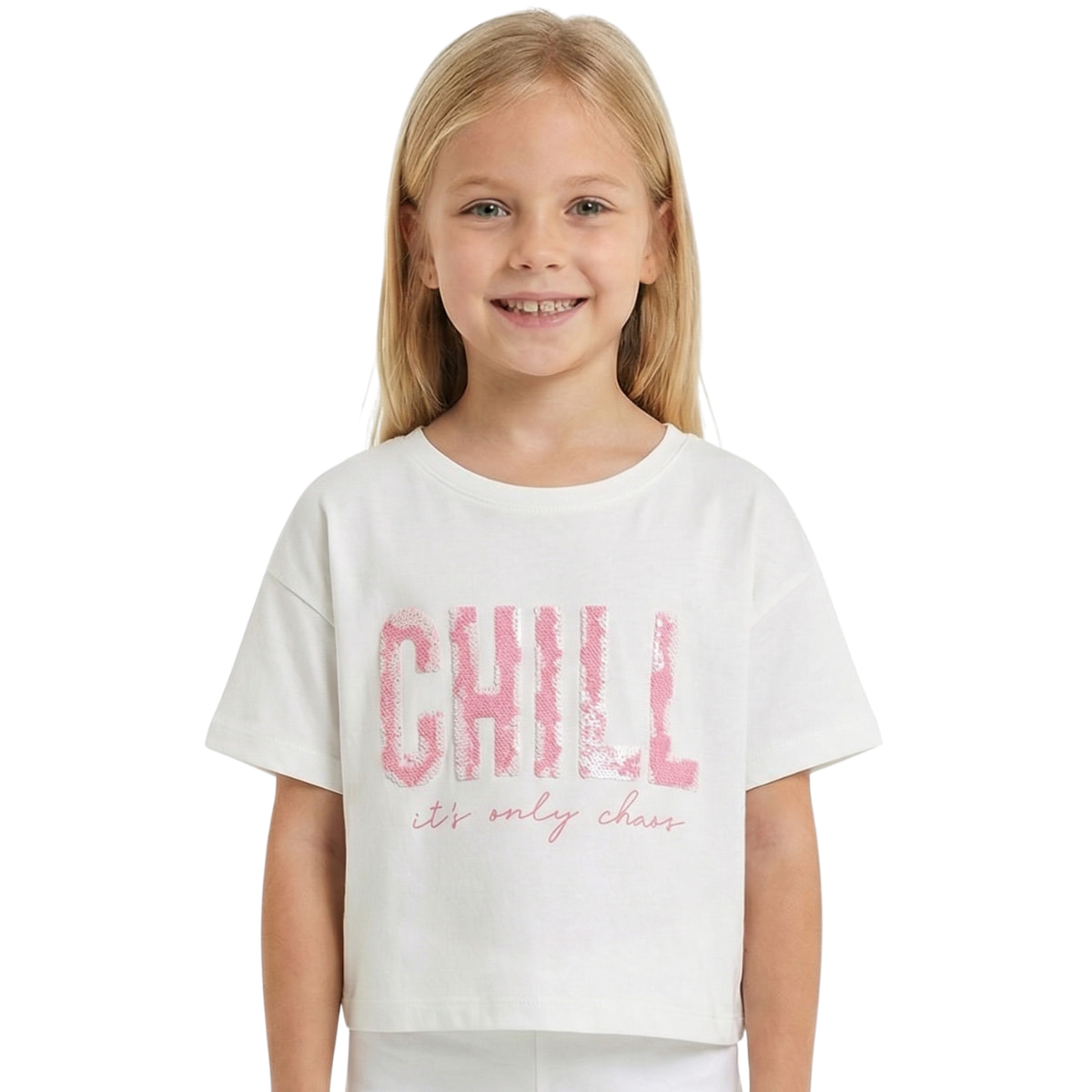 Κοντή μπλούζα Εβίτα εκρού για κορίτσια Ecru Chill με ανάγλυφο τύπωμα