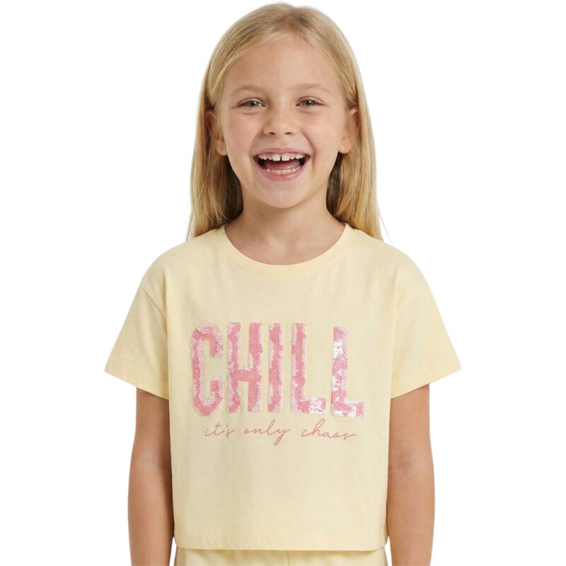 Κοντή μπλούζα Εβίτα κίτρινη για κορίτσια Yellow Chill με ανάγλυφο τύπωμα