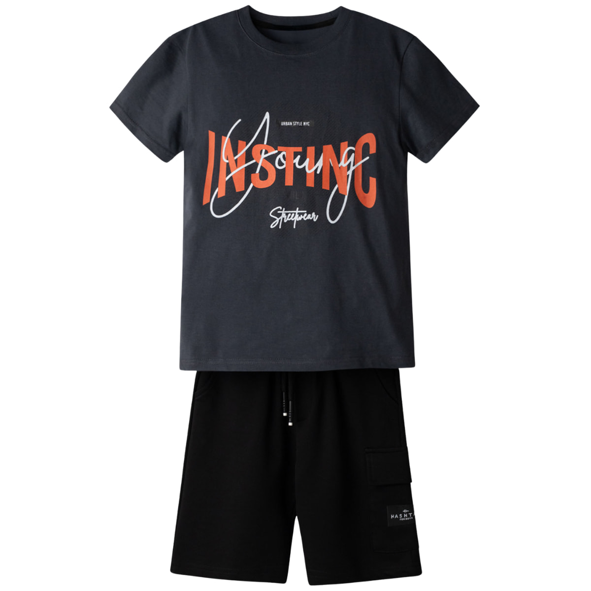 Σετ Hashtag αγόρια γκρι μαύρο «Instinct» μπλούζα και βερμούδα με τσέπες