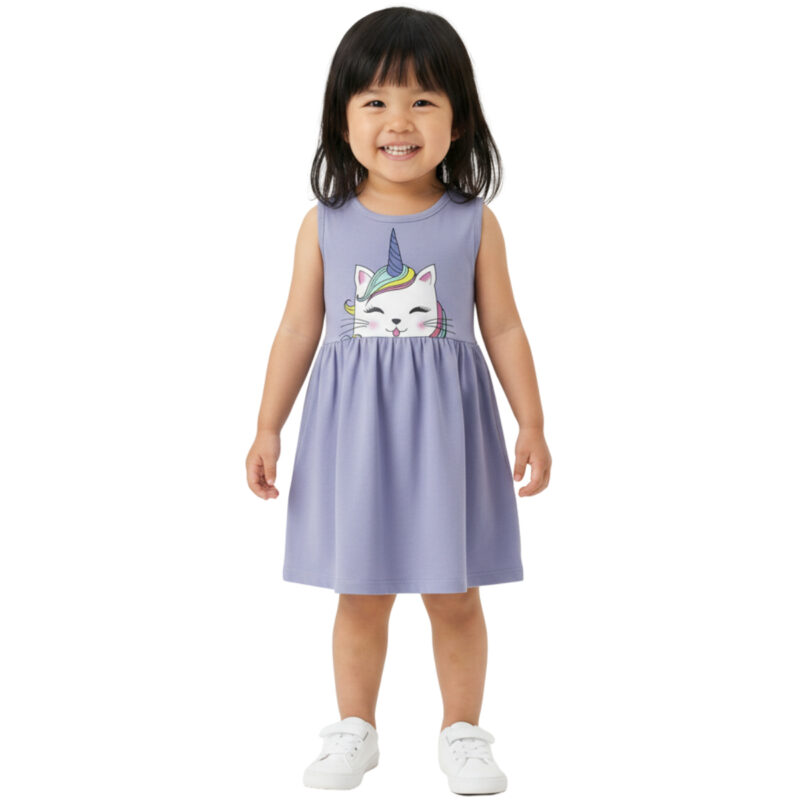 Μοβ φόρεμα Trax για κορίτσι με τύπωμα γατούλας «Purple Crazy Kitten» μπροστά