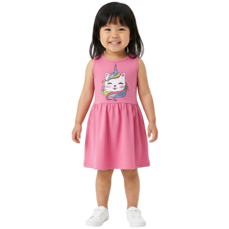 Φούξια φόρεμα Trax για κορίτσι με τύπωμα γατούλας «Fuchsia Crazy Kitten» μπροστά