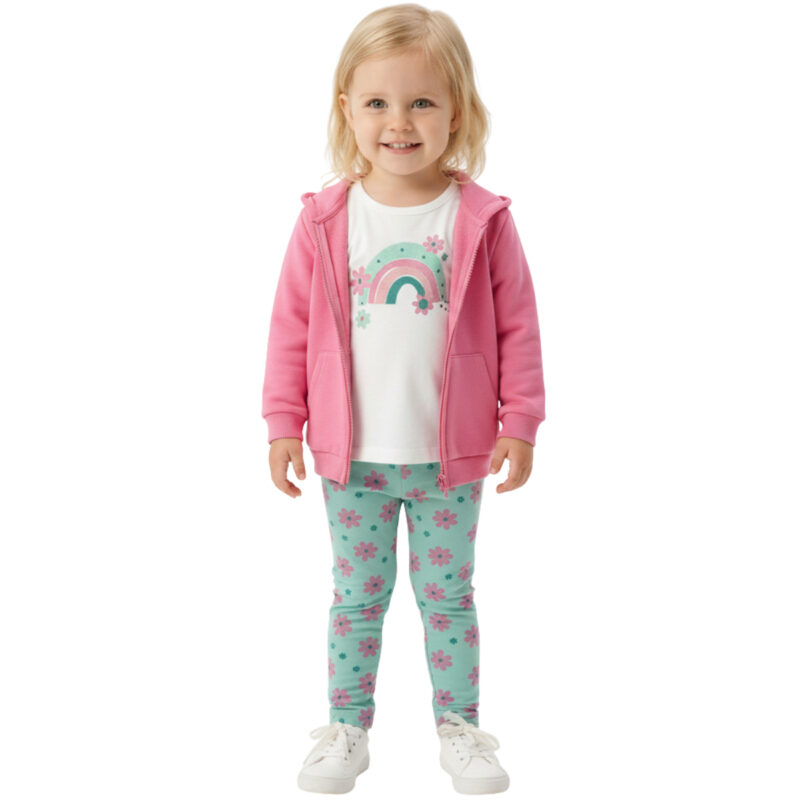 Σετ τριών τεμαχίων Trax για κορίτσι «Rainbow» με ροζ ζακέτα, λευκή μπλούζα και βεραμάν κολάν