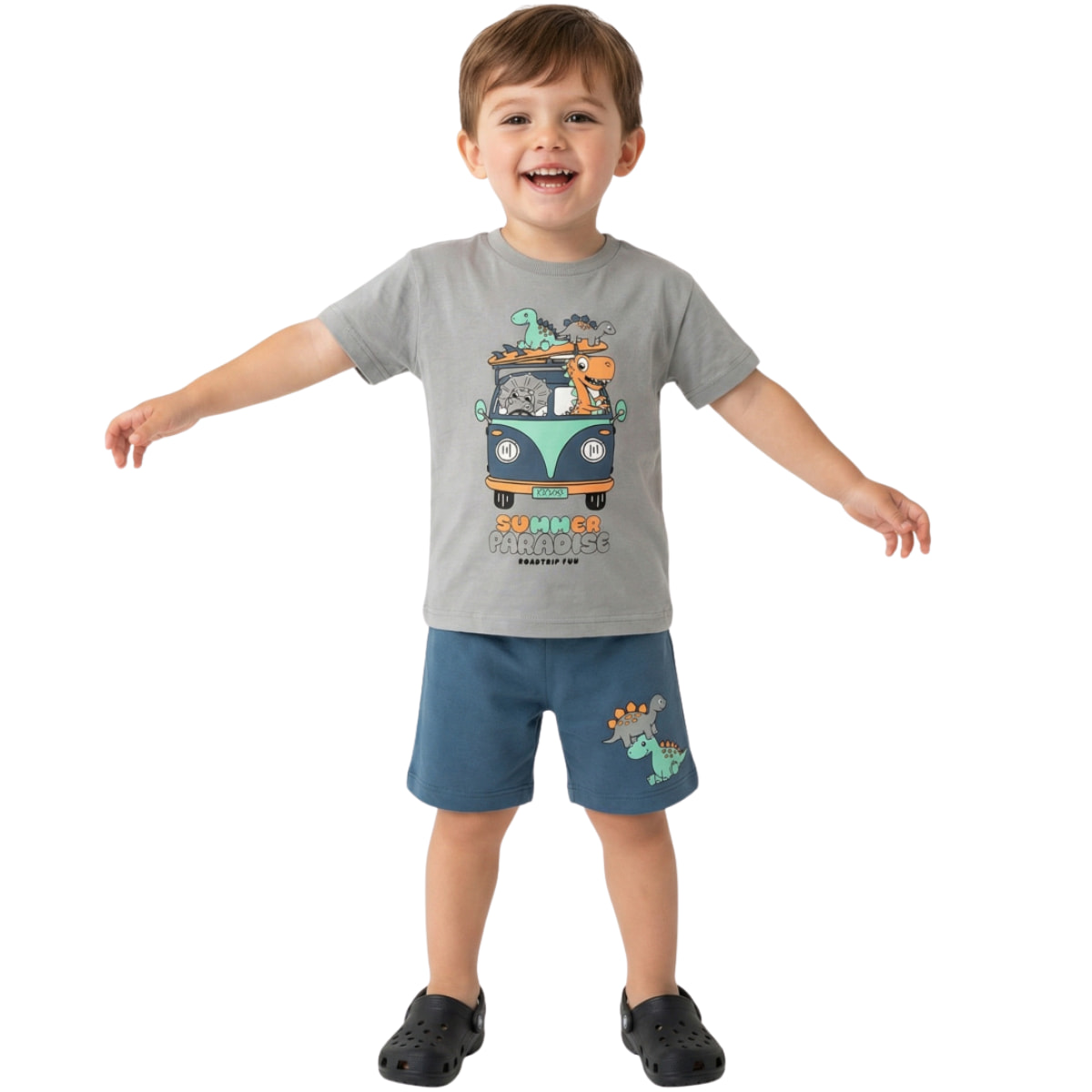 Παιδικό σετ μπλούζα με σορτσάκι Trax για αγόρι Fun Road Trip σε γκρι και μπλε χρώμα
