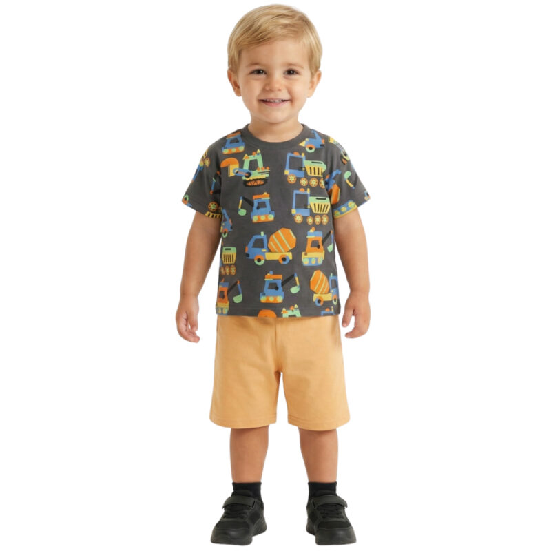 Παιδικό σετ μπλούζα με σορτσάκι Trax για αγόρι Bulldozers σε γκρι και πορτοκαλί χρώμα