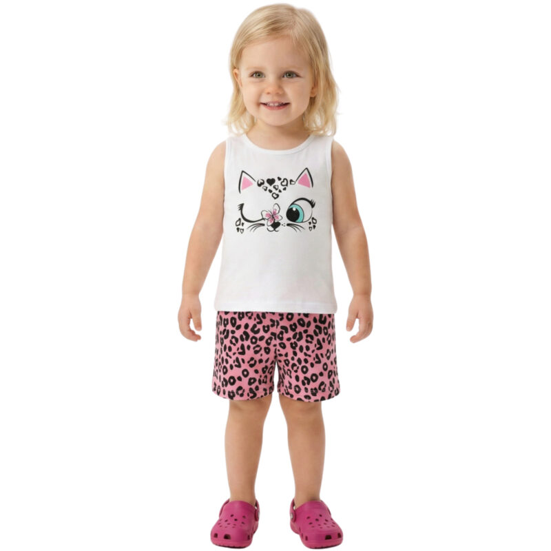 Καλοκαιρινό σετ Trax για κορίτσι «Clever Kitten» με λευκή μπλούζα και ροζ σορτσάκι λεοπάρ
