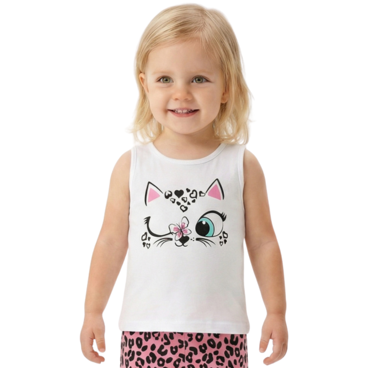Trax λευκή αμάνικη μπλούζα για κορίτσι με χαριτωμένο τύπωμα γατούλας από το σετ «Clever Kitten»