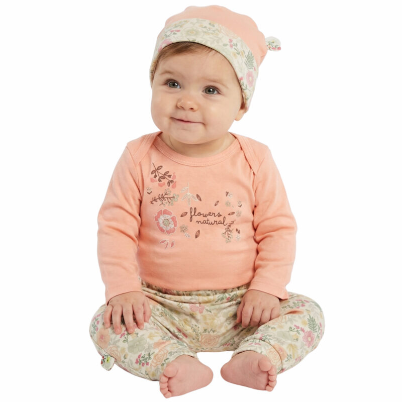Miniworld σετ κορμάκι βρεφικό κορίτσι με σομόν λουλουδάτη στάμπα, μπεζ παντελόνι και σομόν σκουφάκι