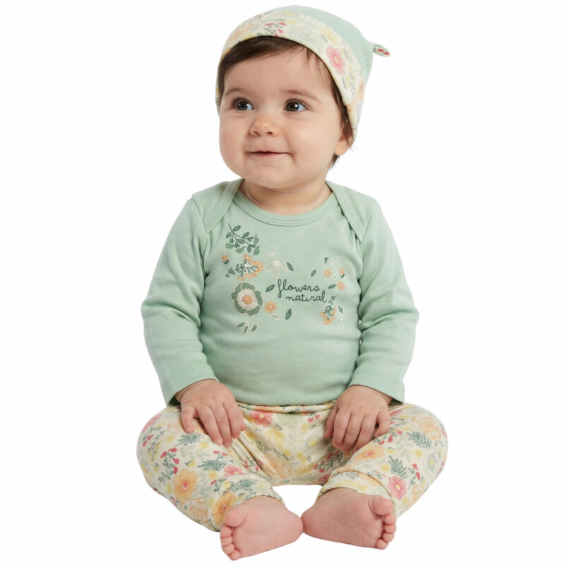 Miniworld σετ βρεφικό βεραμάν κορίτσι με κορμάκι, μπεζ παντελόνι και βεραμάν σκουφάκι «Flowers Natural»