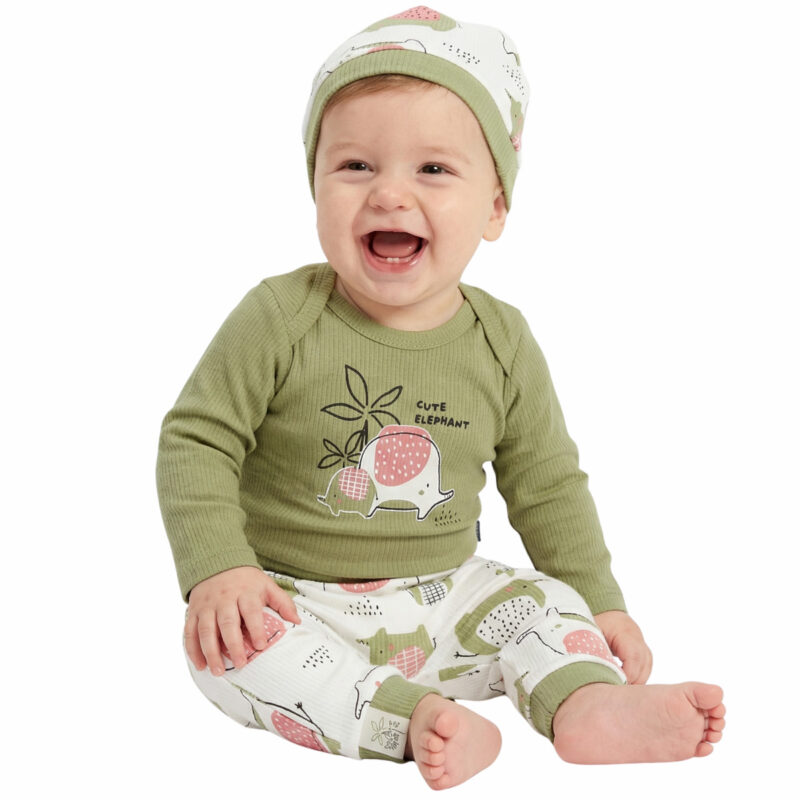 Miniworld σετ βρεφικό λαδί αγόρι με κορμάκι ελέφαντα, εκρού παντελόνι και ασορτί σκουφάκι